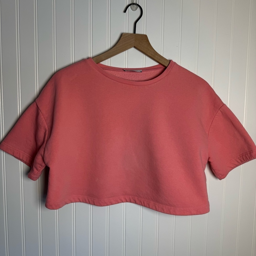 ZARA Bubble Gum Pink Cropped Short Sleeve Sweater Women’s Size Medium